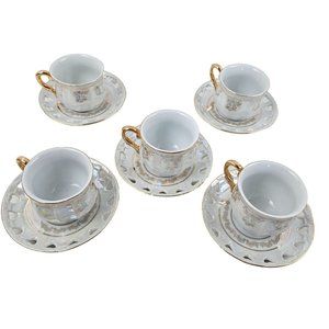 Imperial Italian Design Painted Iridescent Victorian Style Tea Cup Set of 5
